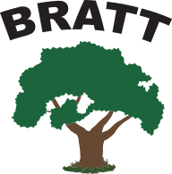 Bratt Tree Company logo with black lettering and graphic of an illustrated tree on white background